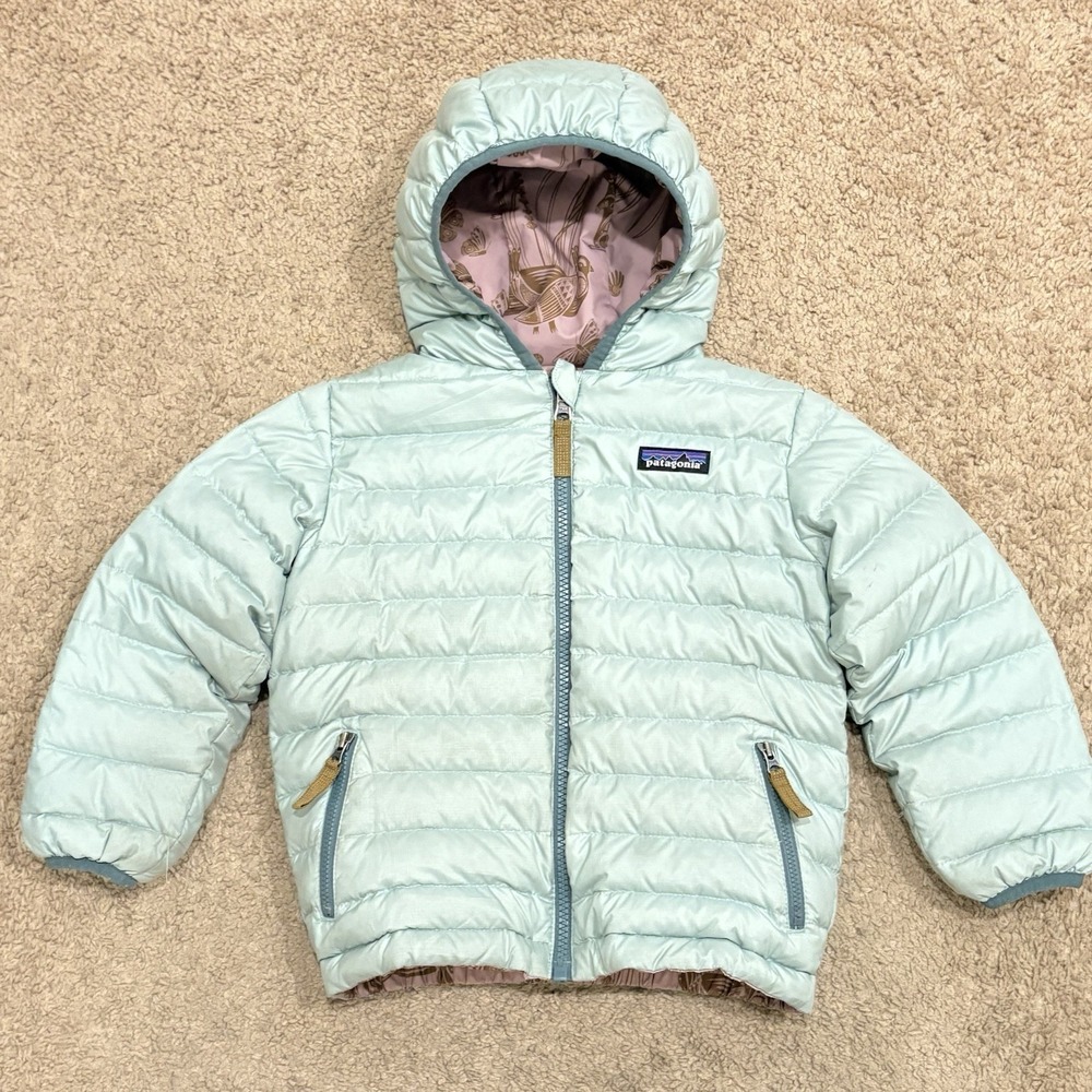 Patagonia Baby Reversible Down Sweater Hoody 6-12M Blue Nature Animals